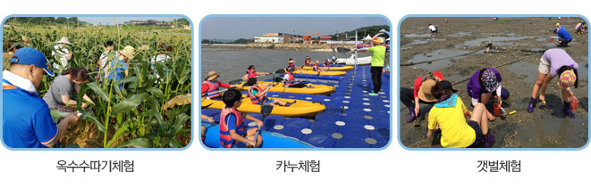 가족통합지원 프로그램 활동사진(옥수수따기체험, 카누체험, 갯벌체험)